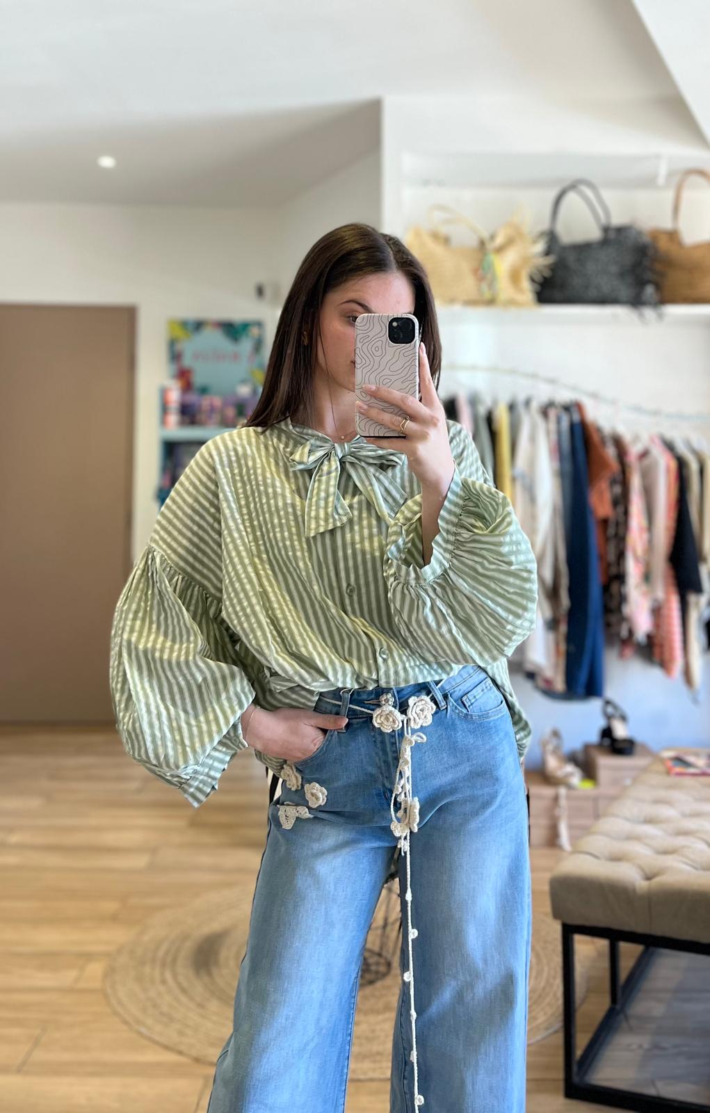 Blouse rayée verte sauge