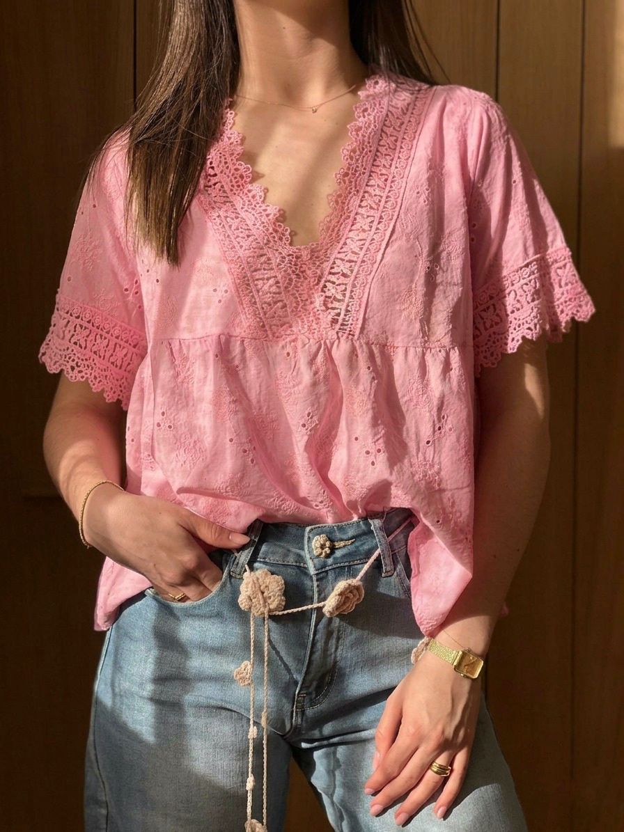 Top brodé rose