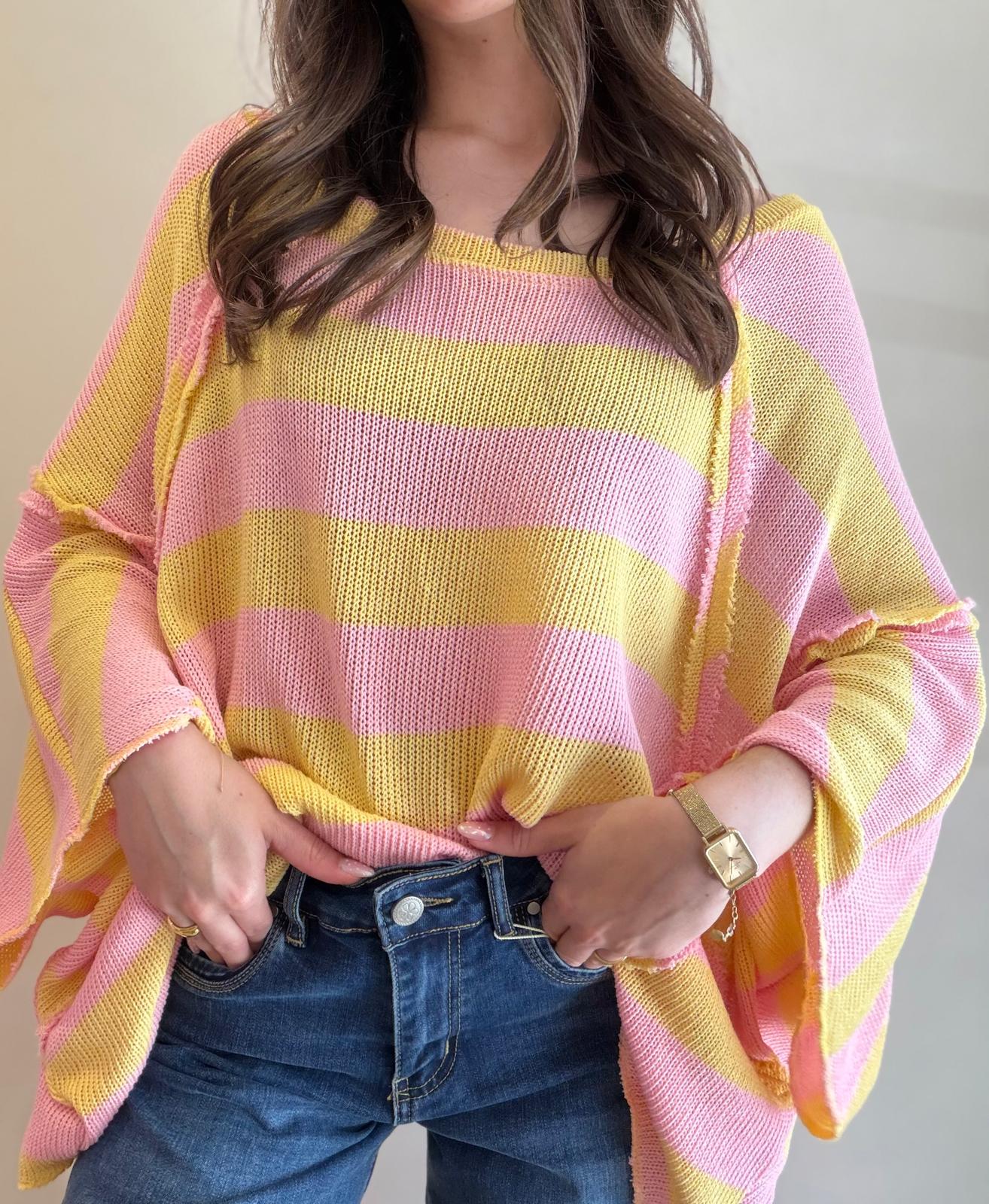 Pull rayé jaune et rose