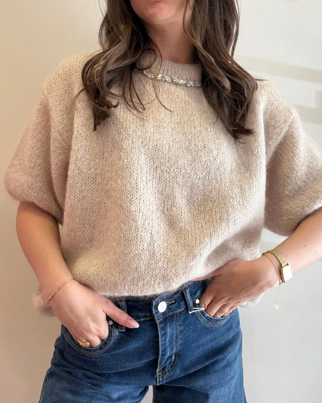 Pull manches courtes beige